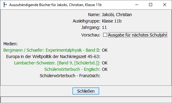 Auszuhändigende Bücher für den Schüler Auszuhändigende Bücher für den Schüler